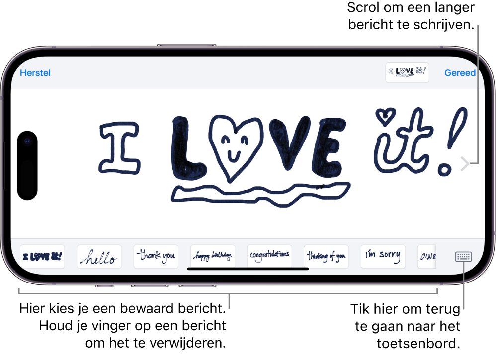 Het tekengebied met een handgeschreven bericht. Onderin bevinden zich van links naar rechts bewaarde handgeschreven onderdelen en de knop voor het weergeven van het toetsenbord.