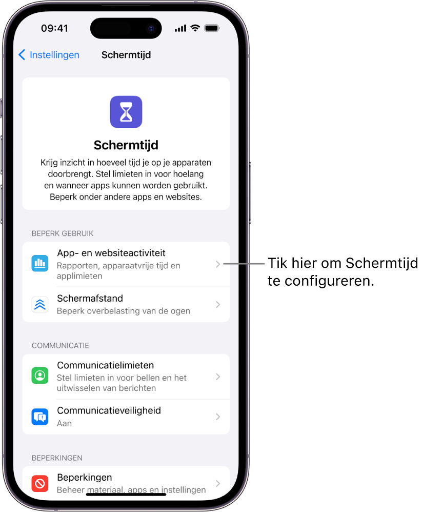 Het scherm om Schermtijd te configureren, met de knop 'App- en websiteactiviteit'.