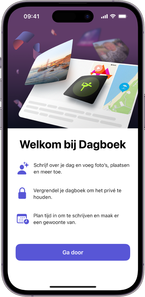 Het welkomstscherm van de Dagboek-app.