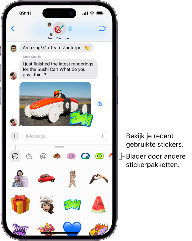 Stickers worden onder een gesprek weergegeven. Met elke knop langs de bovenkant van de kaart open je een stickerpakket.