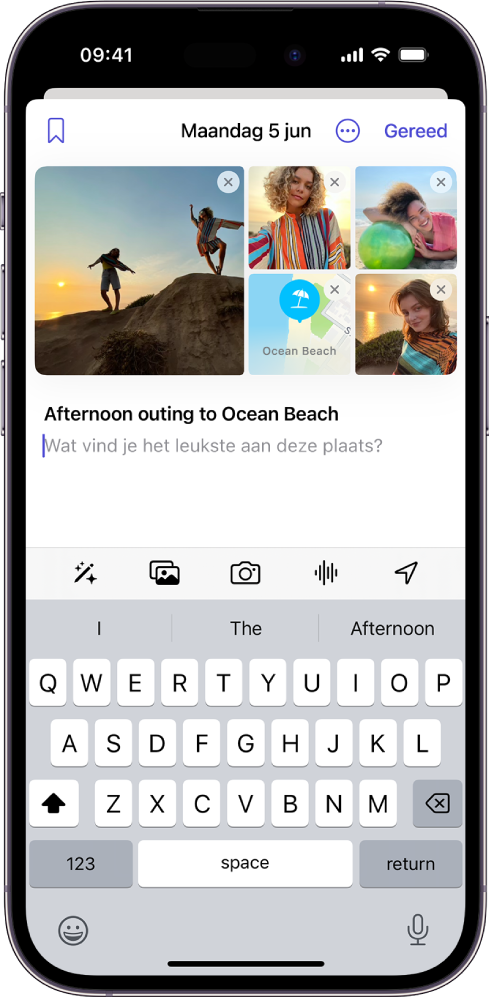 Het scherm waarin je een notitie in je dagboek kunt opstellen, met bovenaan foto's en een instructie waarin je wordt aangespoord om iets te schrijven.