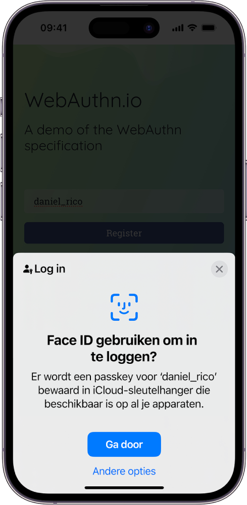 Een inlogscherm dat verschijnt als een passkey voor de account is bewaard. Onder in het scherm staan een knop om verder te gaan en een knop voor andere opties.
