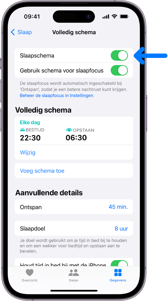 Het slaapscherm 'Volledig schema' in Gezondheid, met 'Slaapschema' bovenaan ingeschakeld.