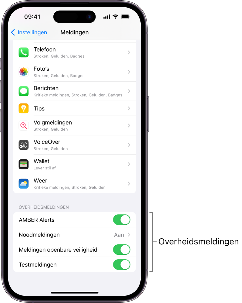 Het meldingenscherm met de overheidsmeldingen die je kunt inschakelen om overheidsmeldingen te ontvangen.