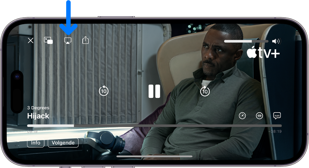 Een film die wordt afgespeeld op het iPhone-scherm. In het midden van het scherm staan de afspeelregelaars. Linksbovenin staat de AirPlay-knop.