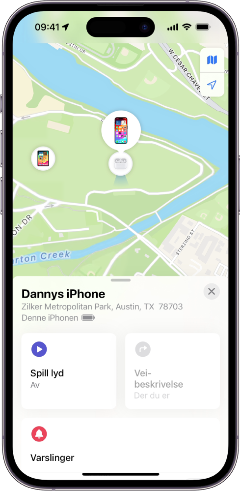 Hvor er?-skjermen viser posisjonen til en iPhone på et kart øverst på skjermen.