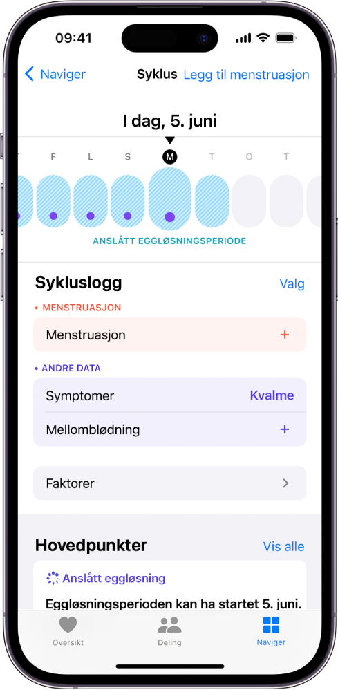 Syklus-skjermen med en tidslinje øverst som viser anslått eggløsningsperiode. Under tidslinjen vises valg for å legge til mer informasjon om menstruasjon, symptomer og annet.