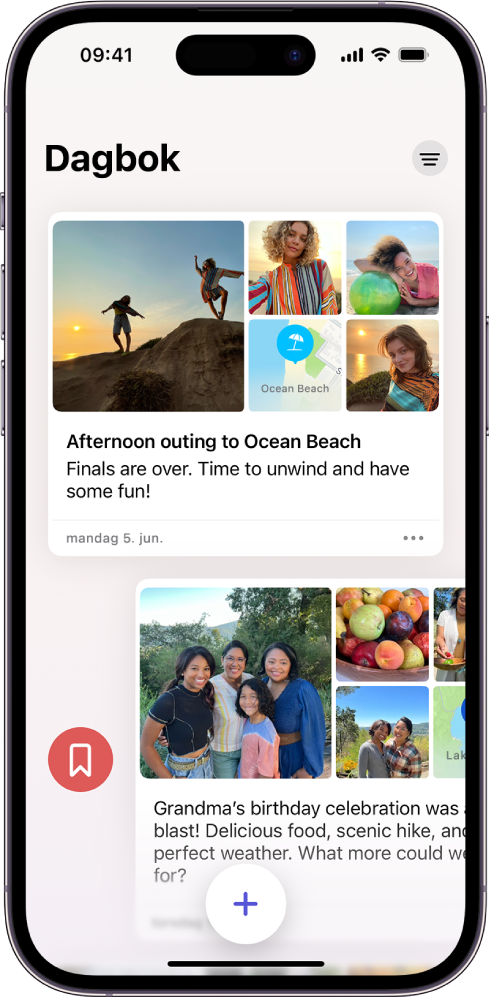 En skjerm som viser dagbokoppføringer. Én oppføring er sveipet mot høyre og viser Bokmerke-knappen.