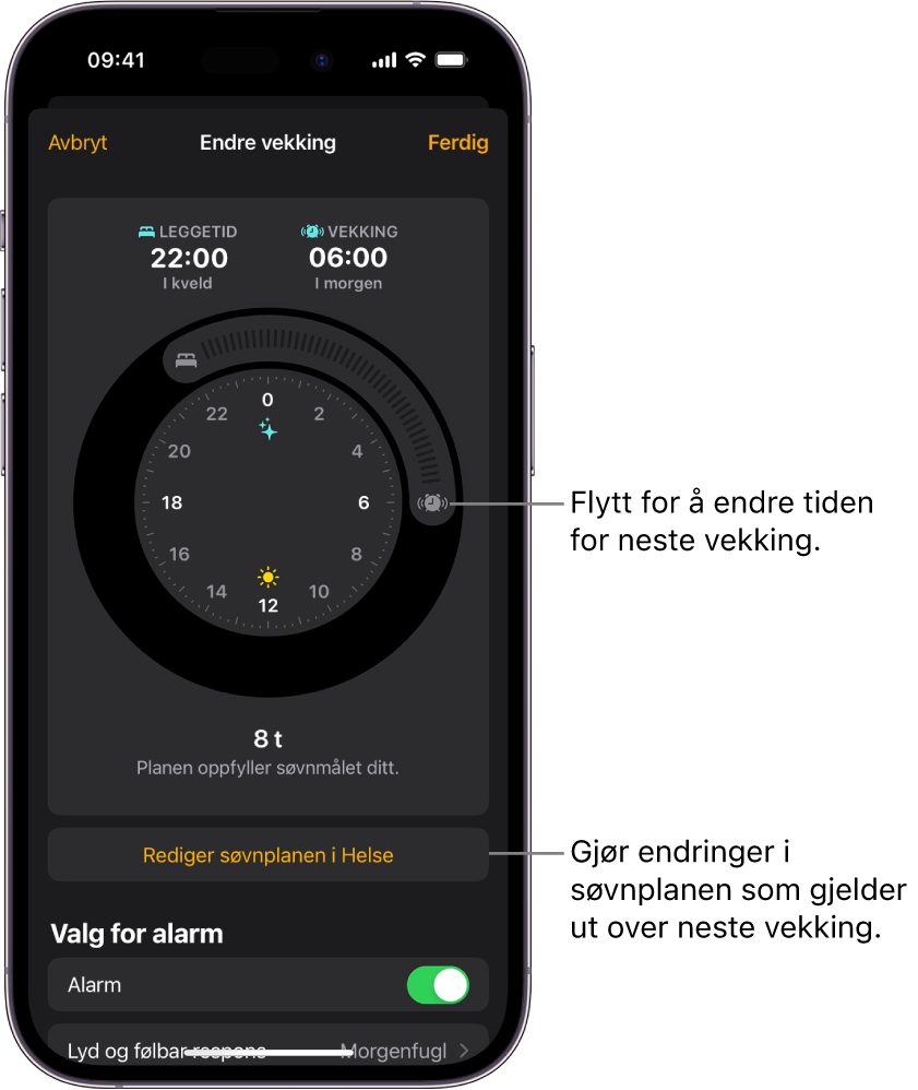 En skjerm for å endre Vekking-alarmen for i morgen, med skyveknapper for å endre leggetids- og vekkingstidspunktet, en knapp for å endre søvnplanen i Helse-appen og en knapp for å slå Vekking-alarmen av eller på.