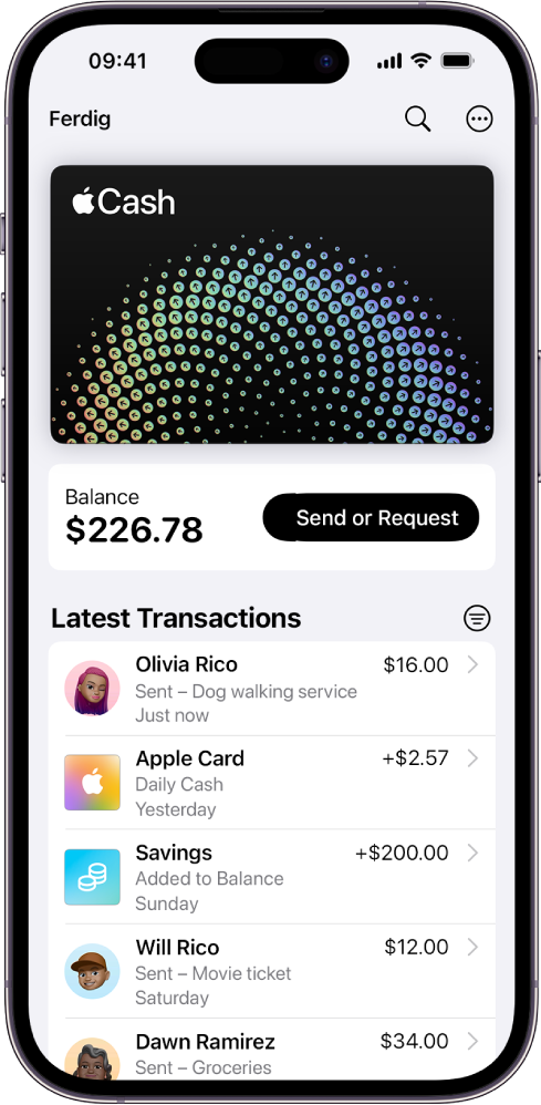 Apple Cash-kortet i Lommebok, der Mer-knappen vises øverst til høyre, gjeldende saldo og Send- eller Send forespørsel-knappen i midten, og de siste transaksjonene nederst.