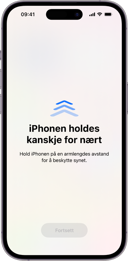 En advarsel på skjermen om at du holder iPhonen for nærme og at du må holde den lenger unna for å beskytte øynene dine. Advarselen dekker hele skjermen og hindrer deg i å fortsette å bruke enheten. Fortsett-knappen blir tilgjengelig når du har flyttet iPhonen til en trygg avstand.