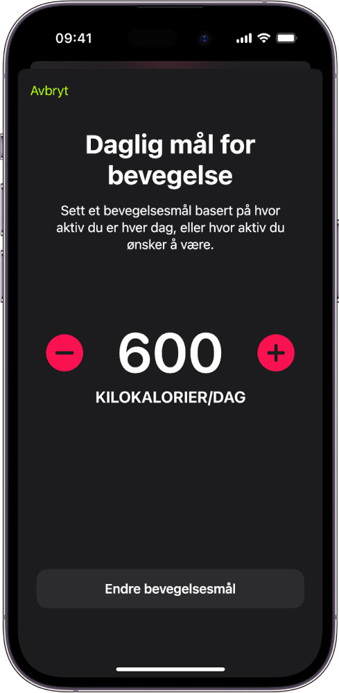 Daglig bevegelsesmål-skjermen der et Bevegelsesmål og knapper for å øke eller redusere målet vises.