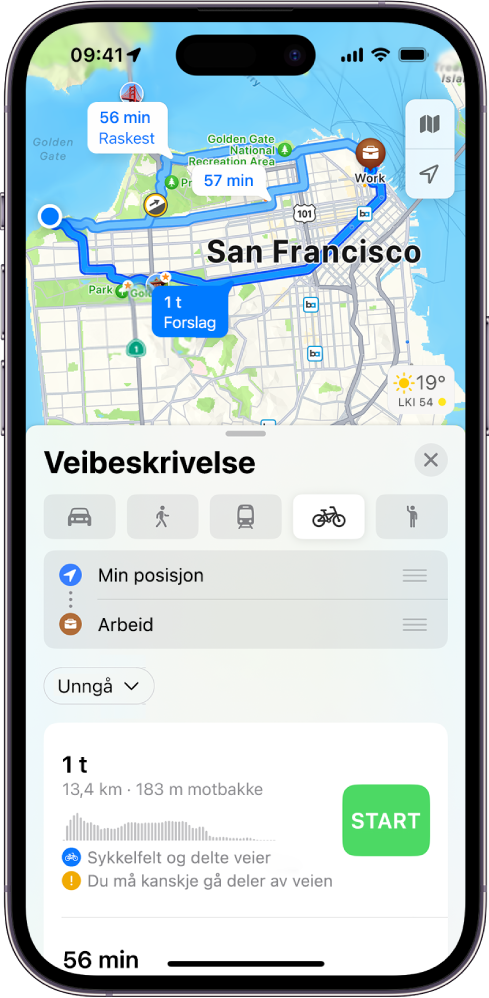 Et kart som viser alternativer for sykkelruter. Rutekortet nederst viser detaljer for rutene, inkludert beregnede reisetider, høydeendringer og veityper. En Start-knapp vises til høyre for reisedetaljene.