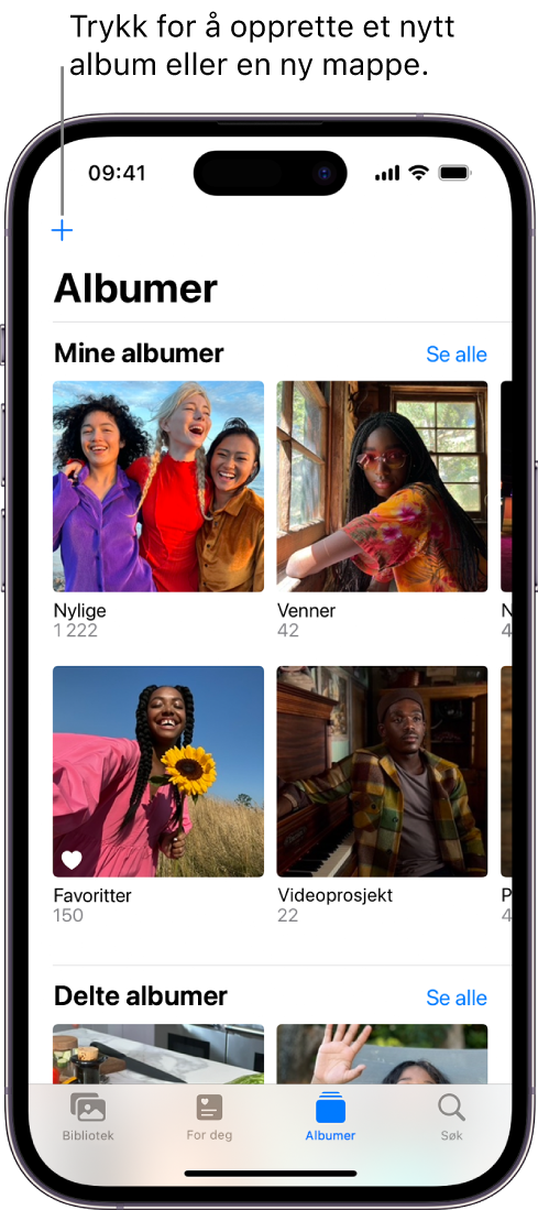 Albumer-fanen nederst på skjermen er markert, og Albumer-skjermen viser flere albumer under overskriftene Mine albumer og Delte albumer. Knappen Se alle vises ved siden av overskriften Mine albumer. Legg til-knappen vises øverst til venstre på skjermen.