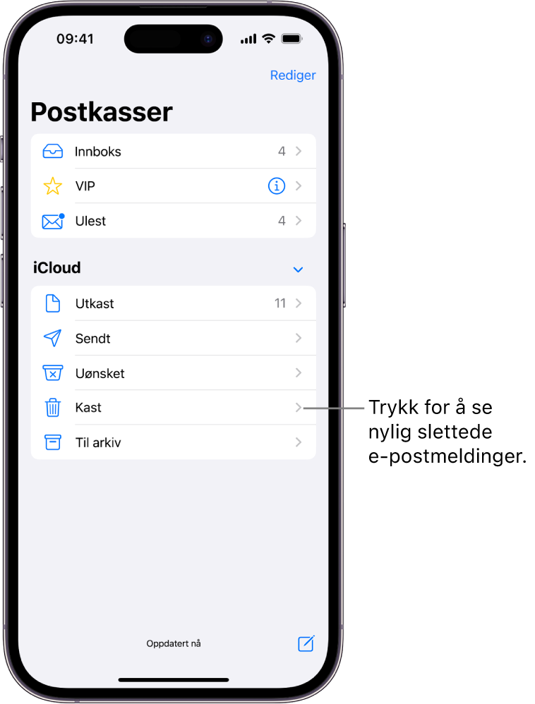 Postkasser-skjermen. Under iCloud vises postkasser fra øverst til nederst, inkludert Papirkurv-postkassen. Trykk på den for å se nylig slettede e-poster.