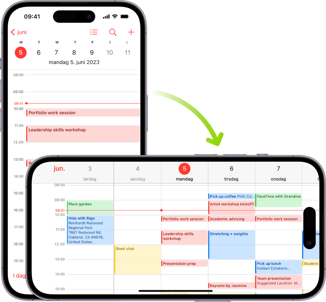 I bakgrunnen viser iPhone en Kalender-skjerm, med én dags hendelser i stående retning; i forgrunnen er iPhone snudd i liggende retning, med Kalender-hendelser for hele den aktuelle uken.