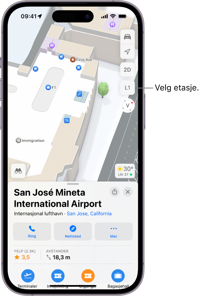 Et innendørskart over en flyplassterminal. Karet viser detaljer som passkontroll, trapper, toaletter og førstehjelp. Du kan endre etasje i kart med flere etasjer ved hjelp av knappen merket L1 (for Level 1).