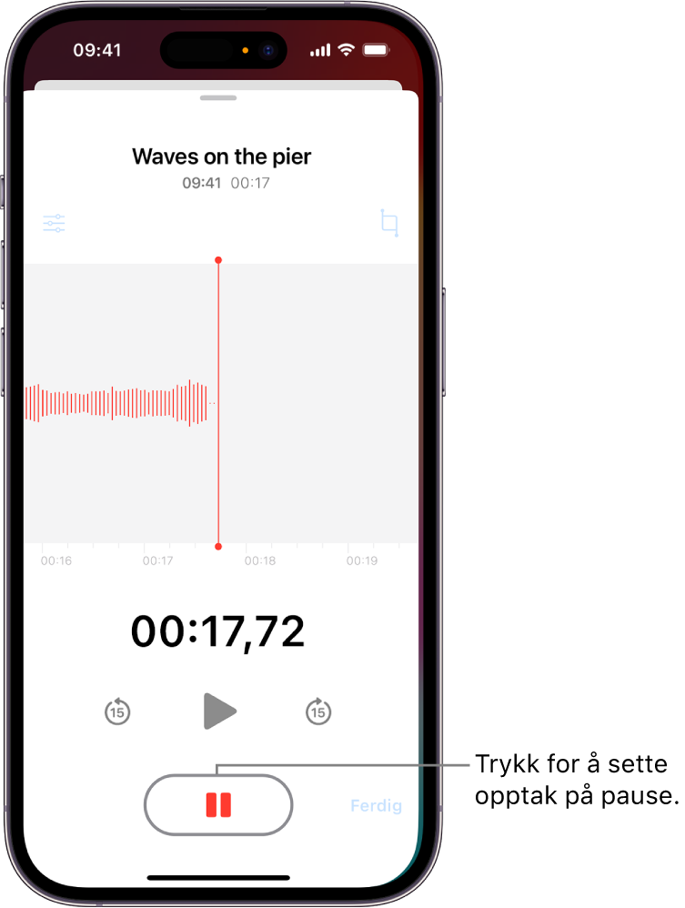 Et Taleopptak er i gang, og det vises en bølgeform av opptaket samt en tidsindikator og en knapp for å pause opptaket.