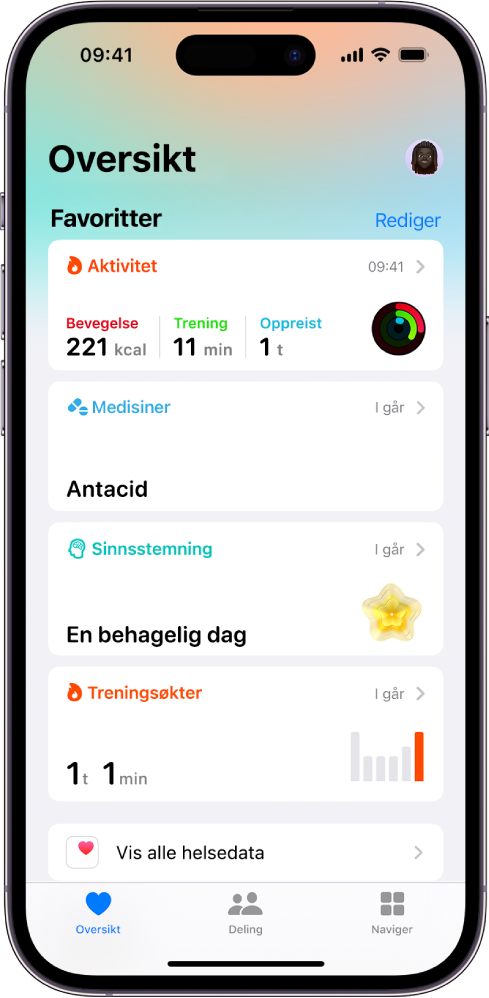 Oversikt-skjermen i Helse. Informasjon om aktivitet, medisiner, sinnsstemning og trening vises under Favoritter.