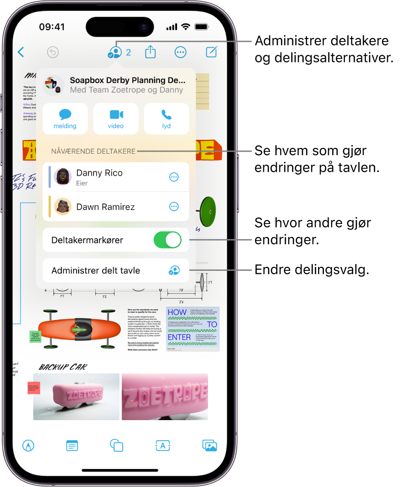 En delt Freeform-tavle på iPhone med samarbeidsmenyen åpen.