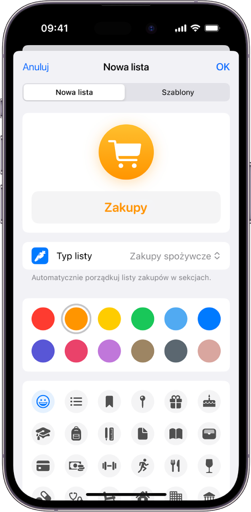 Ekran tworzenia nowej listy w aplikacji Przypomnienia. Możesz zmienić nazwę, typ listy, kolor i ikonę.