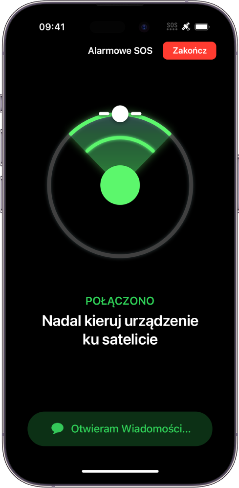 Ekran funkcji Alarmowe SOS z informacją o połączeniu z satelitą i wskazówką dla użytkownika, aby nadal kierować urządzenie ku satelicie. Na dole ekranu znajduje się przycisk z etykietą Otwieram Wiadomości.