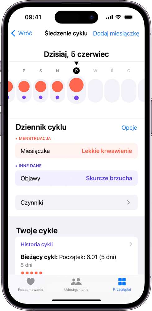 Ekran śledzenia cyklu. Na górze ekranu widoczna jest linia czasowa przedstawiająca tydzień. Pierwsze pięć dni na linii czasowej oznaczone jest czerwonymi kółkami oraz purpurowymi kropkami. Poniżej linii czasowej widoczne są opcje umożliwiające między innymi dodawanie informacji o miesiączce i objawach.