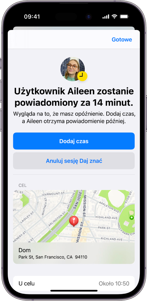 Ekran funkcji Daj znać z informacją, że druga osoba zostanie powiadomiona za czternaście minut. Poniżej widoczne są opcje umożliwiające wydłużenie tego czasu lub anulowanie sesji Daj znać. Na dole znajduje się mapa z wyświetlonym bieżącym położeniem.