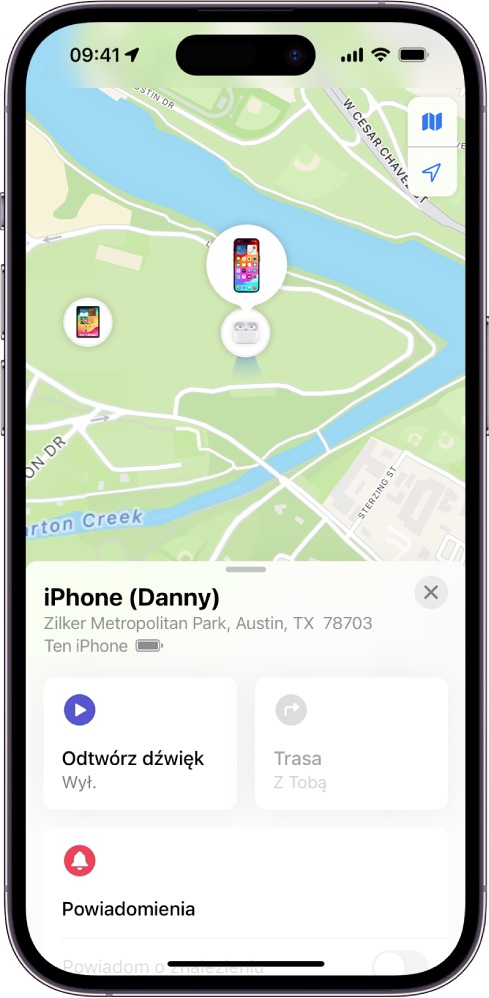 Ekran aplikacji Znajdź. Na górze ekranu widoczne jest położenie iPhone’a na mapie.
