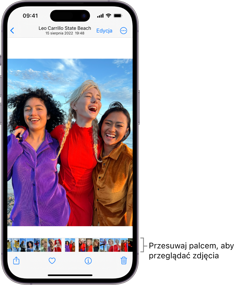 Wyświetlone zdjęcie; u dołu ekranu widoczne są miniaturki innych zdjęć. W lewym górnym rogu znajduje się przycisk powrotu, który pozwala wrócić do poprzedniego widoku. Na dole widoczne są przyciski udostępniania, oznaczania jako ulubione i usuwania. W prawym górnym rogu znajduje się przycisk edycji.