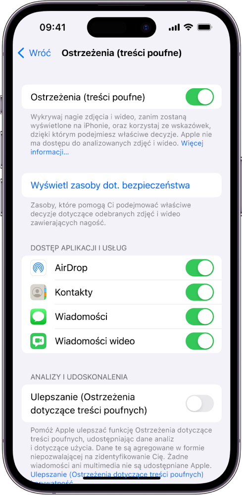 Ustawienia ostrzeżeń dotyczących treści poufnych. Widoczne jest łącze z etykietą Wyświetl zasoby dot. bezpieczeństwa oraz przycisk Ulepszanie (Ostrzeżenia dotyczące treści poufnych), który umożliwia udostępnianie Apple danych analiz i dotyczących użycia.