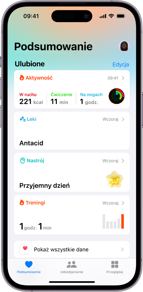 Ekran Podsumowanie w aplikacji Zdrowie. Pod etykietą Ulubione wyświetlane są informacje dotyczące aktywności, medytacji, nastroju oraz treningów.