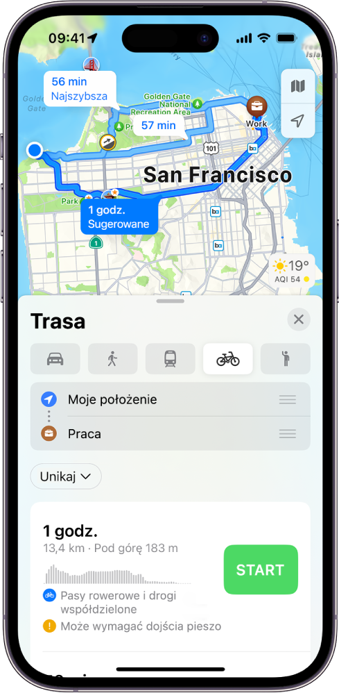 Mapa wyświetlająca opcje dotyczące jazdy rowerem. Widoczna na dole karta trasy zawiera szczegóły obejmujące szacowany czas, zmianę wysokości oraz typy dróg. Po prawej stronie szczegółów trasy widoczny jest przycisk Start.