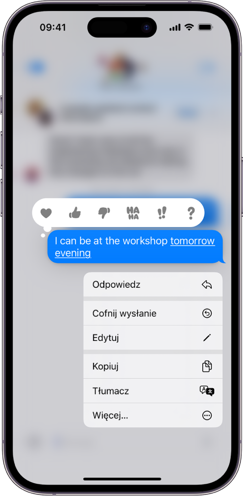 Wiadomość tekstowa w aplikacji Wiadomości. Widoczne jest menu z opcjami Cofnij wysłanie oraz Edytuj. Reszta rozmowy jest zamazana, za wyjątkiem określonego zaznaczonego tekstu.