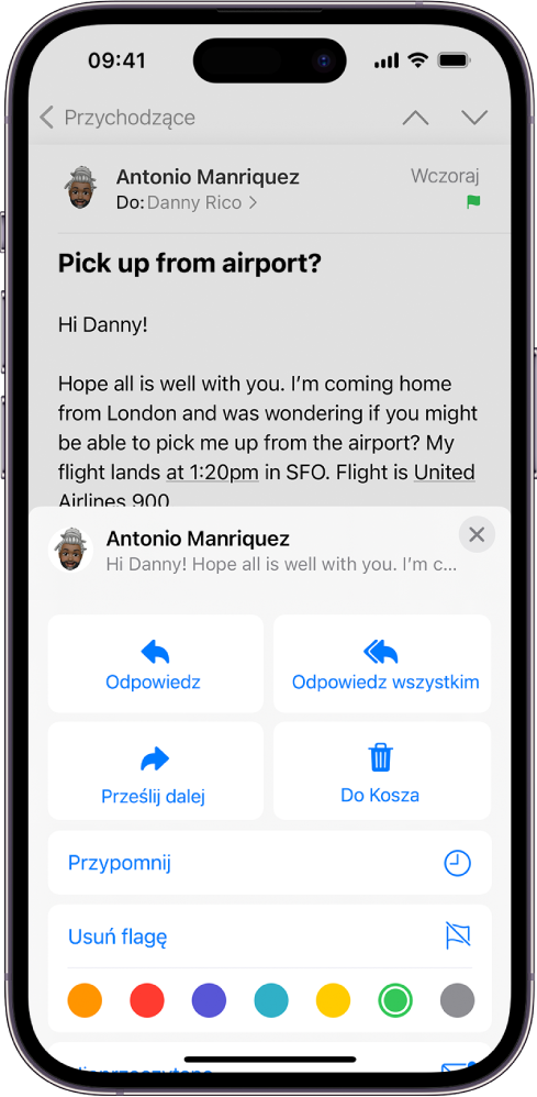 Wiadomość email z opcjami odpowiedzi wyświetlanymi na dolnej połowie ekranu. Widoczny jest między innymi przycisk Usuń flagę oraz przyciski umożliwiające wybór koloru flagi.