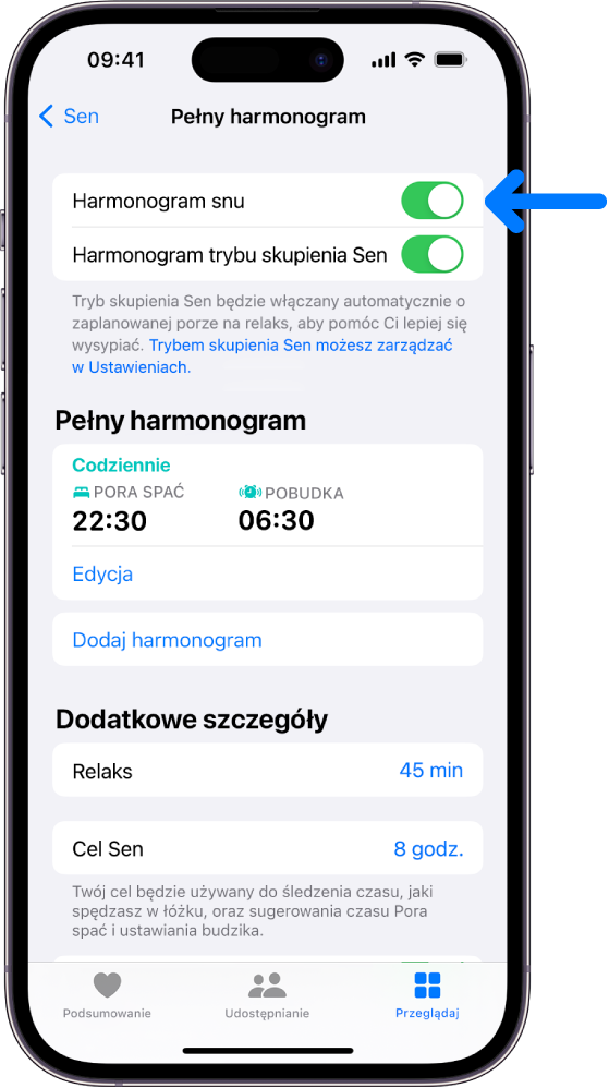 Ekran Pełny harmonogram snu. U góry ekranu włączona jest opcja Harmonogram snu.