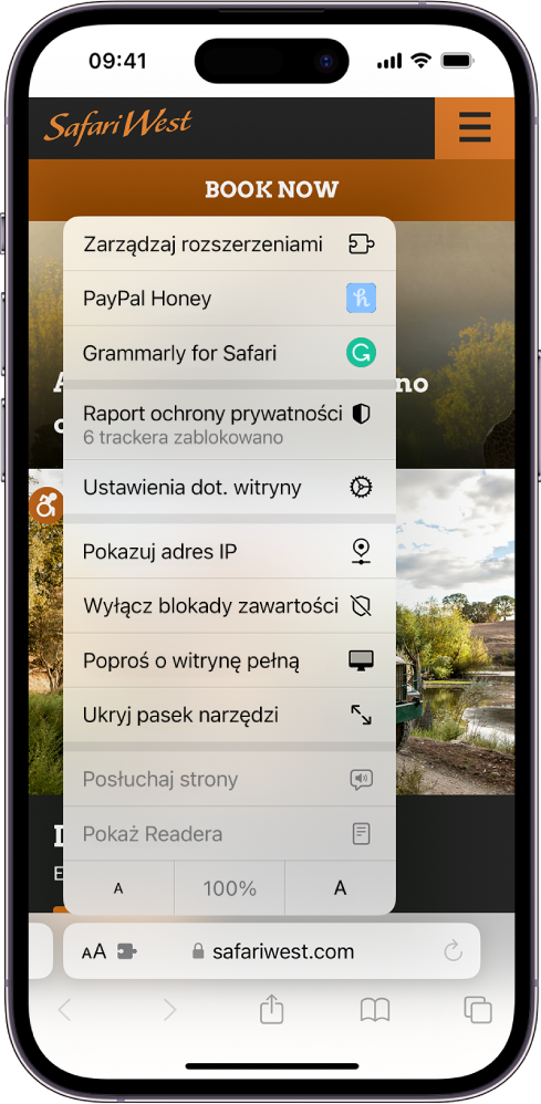 Otwarte menu ustawień strony. Na górze widoczna jest opcja Zarządzaj rozszerzeniami oraz zainstalowane rozszerzenia.