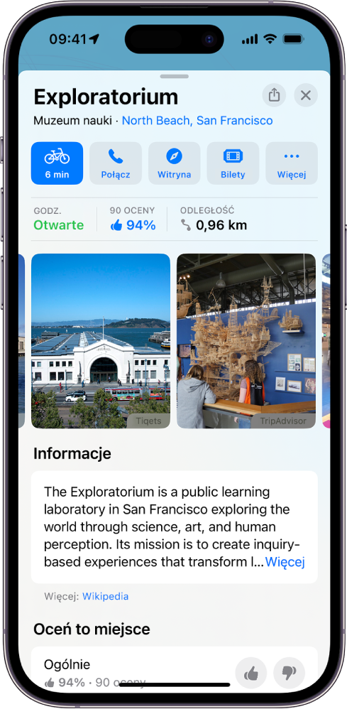 Karta miejsca dotycząca muzeum. Widoczne są godziny otwarcia, oceny, opis, zdjęcia oraz przyciski umożliwiające rozpoczęcie połączenia, otworzenie witryny oraz zakup biletów.
