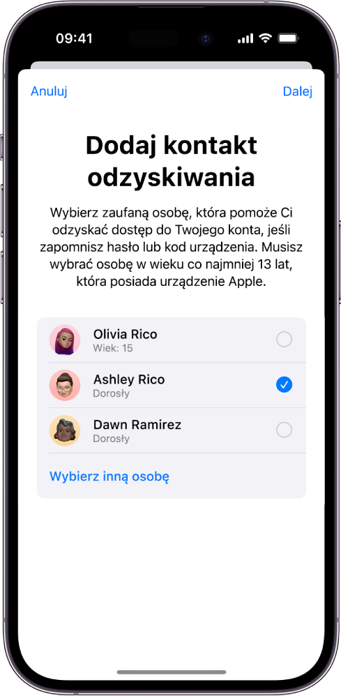 Ekran dodawania kontaktu odzyskiwania konta. Widoczne są sugerowane kontakty, które można wybrać jako kontakty odzyskiwania konta, oraz możliwość dodania innej osoby.
