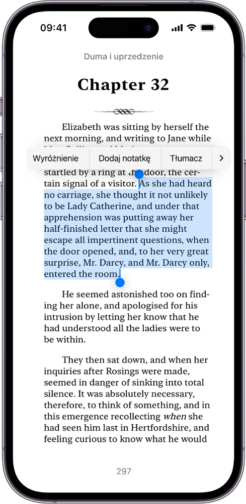 Strona książki w aplikacji Książki. Fragment tekstu na stronie jest zaznaczony. Nad zaznaczonym tekstem widoczne są przyciski Wyróżnienie, Dodaj notatkę i Tłumacz.