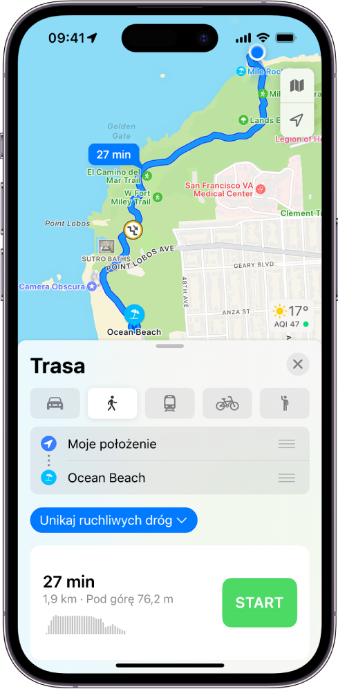 Mapa przedstawiająca trasę przejścia pieszo. Widoczna na dole karta trasy zawiera szczegóły obejmujące szacowany czas oraz zmianę wysokości. Po prawej stronie szczegółów trasy widoczny jest przycisk Start.