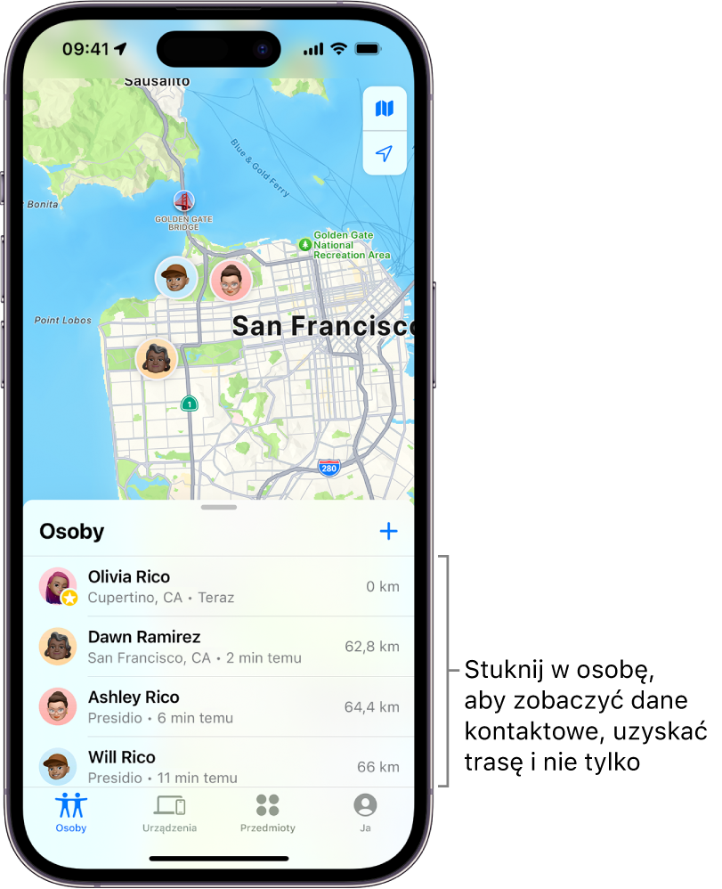 Lista Osoby w aplikacji Znajdź. Na liście widoczne są cztery osoby: Oliwia Ryszka, Dagna Sojka, Adela Ryszka i Wiktor Ryszka. Stuknij w przycisk dodawania na górze listy osób, aby udostępnić swoje położenie.