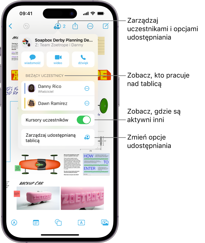 Udostępniana tablica friform na iPhonie z otwartym menu współpracy.