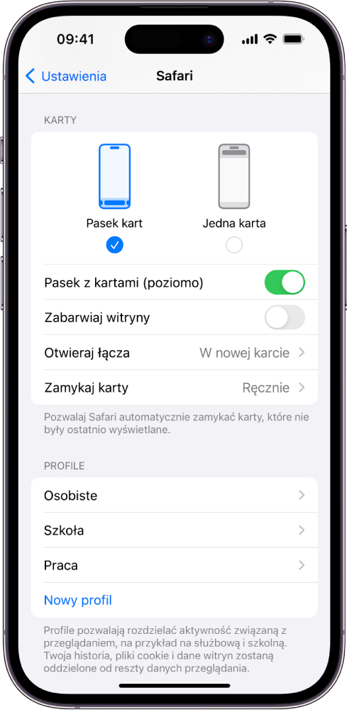 Ekran zawierający dwie opcje układu Safari: Pasek kart i Jedna karta.