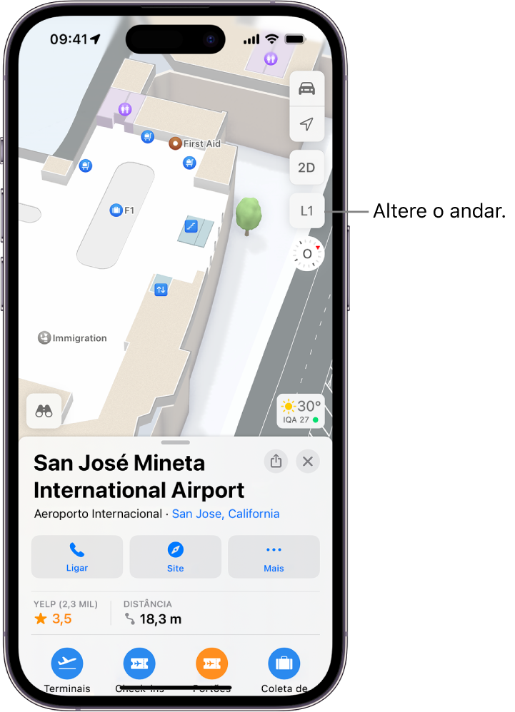 Mapa do interior de um terminal de aeroporto. Os recursos incluem um posto de imigração, escadas, banheiros e primeiros socorros. Você pode alterar os andares de mapas com vários andares com o botão marcado com L1 (para Andar 1).