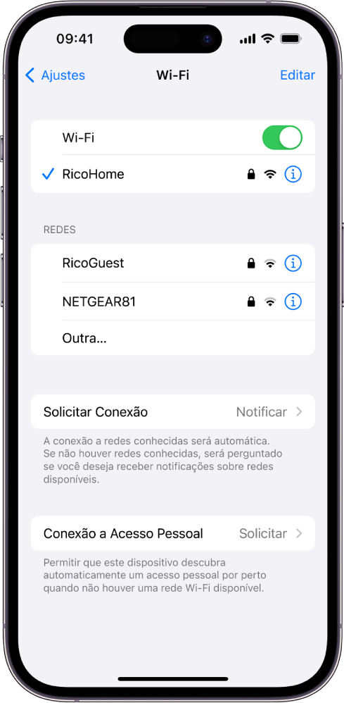 A tela de opções de Wi‑Fi nos Ajustes. O Wi‑Fi está ativado e uma rede está selecionada.