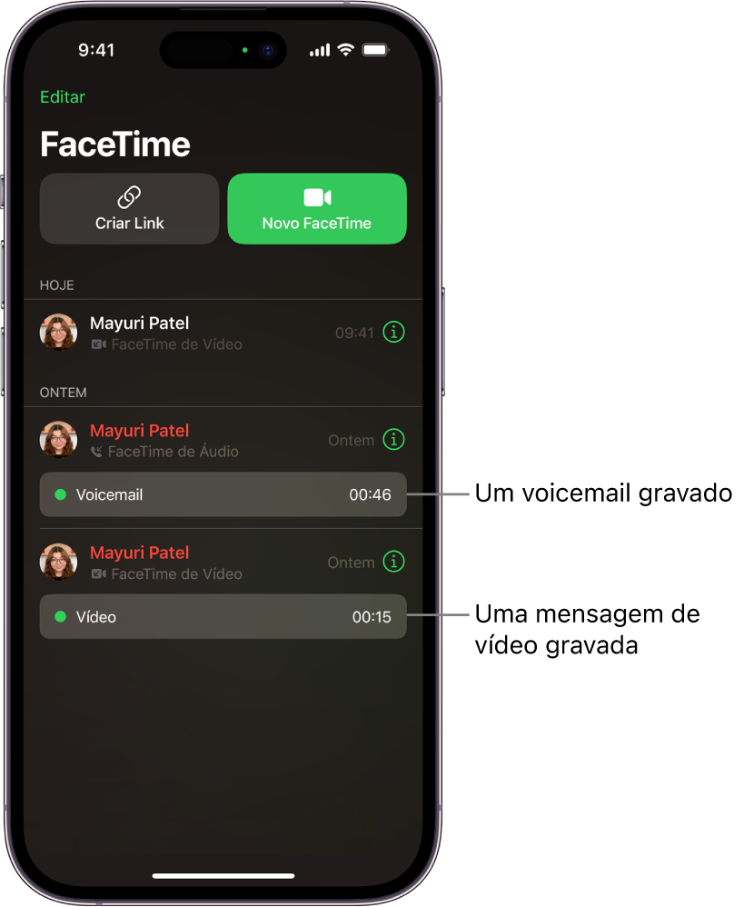 O histórico de ligações, com links para uma mensagem de vídeo gravada e um voicemail.