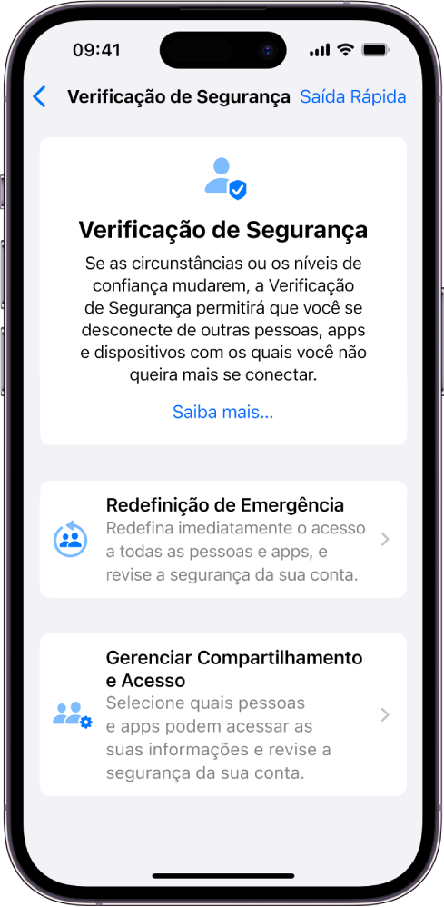 A tela de Verificação de Segurança mostrando informações sobre o recurso e botões Redefinição de Emergência e Gerenciar Compartilhamento e Acesso.