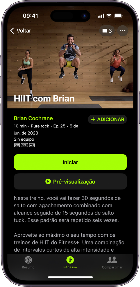 A tela do Apple Fitness+ mostrando um exercício. Uma imagem de treinadores realizando um exercício está no topo da tela. O título do exercício e o nome do treinador que o conduz estão no centro. Os botões para começar e pré-visualizar o exercício estão acima dos detalhes do exercício.