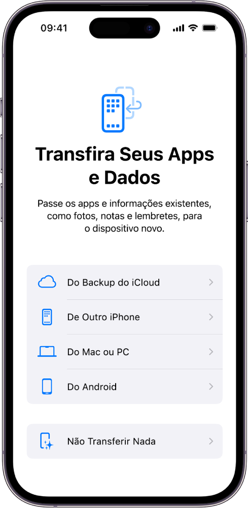 A tela de configuração, com opções para transferir seus apps e dados de um backup do iCloud, outro iPhone, um Mac ou PC, um dispositivo Android ou não transferir nada.